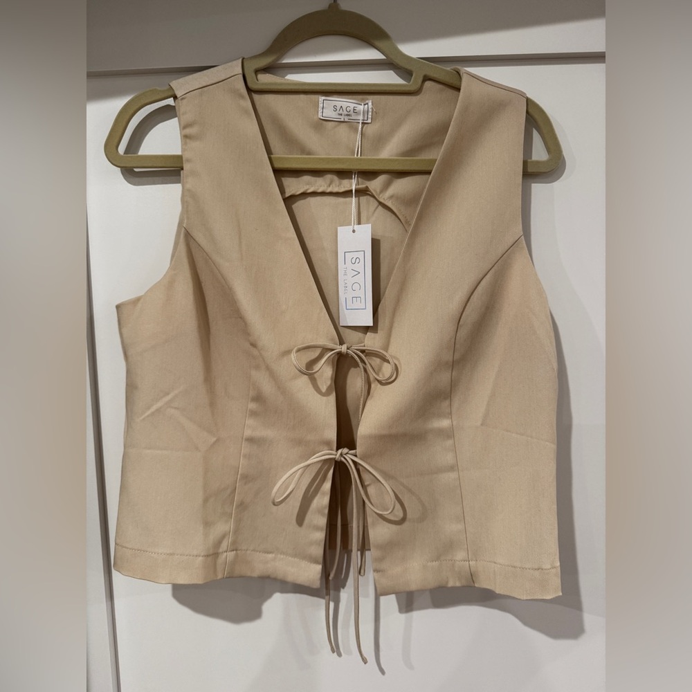 Sage Tan Sleeveless Tie-Front Blouse